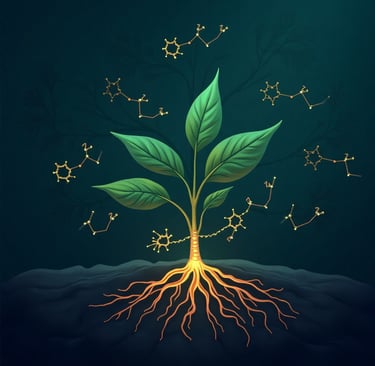 Conceptual illustration of plant science and evolution. In the foreground, a detailed, glowing plant root system. Abstract en