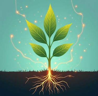 Conceptual illustration of plant resilience: Show a single plant growing strong. From its roots, show abstract, glowing, inte