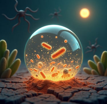 Conceptual illustration: Tiny glowing bacteria and fungi being gently enclosed in protective, translucent spheres (capsules).