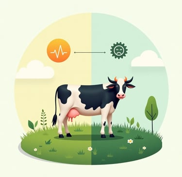 Conceptual illustration: A dairy cow standing in a field, with one half of the background showing a lush green pasture under 