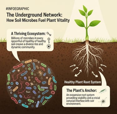 Conceptual infographic showing the relationship between a healthy plant root system and a diverse soil microbiome. Illustrate