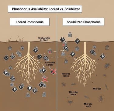 A side-by-side comparison diagram. On the left, a plant root in soil with 'Locked Phosphorus' icons scattered and unavailable
