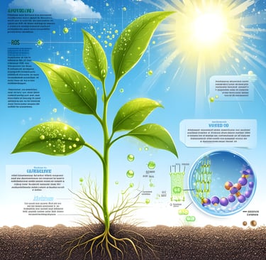 Conceptual illustration: A plant under a bright sun in slightly dry soil. Tiny, glowing nanosilicon 
