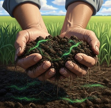 Digital art: A farmer's hands holding a handful of dark, fertile soil, with tiny, glowing green and blue-green algae (microal