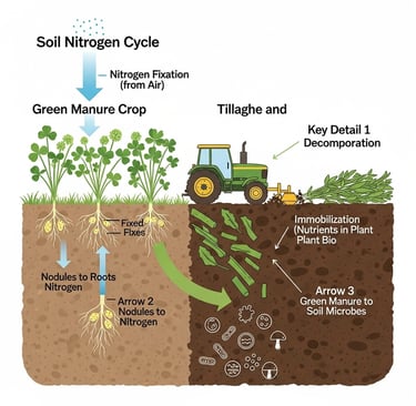 Conceptual illustration showing the soil nitrogen cycle with green manure. On one side, show a vibrant green manure crop (lik