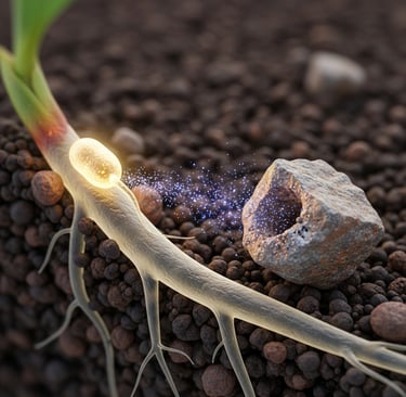 Digital art: A close-up view of a single plant root hair in soil. Show a glowing, beneficial bacterium (PSB) on its surface, 