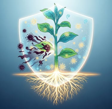 Conceptual illustration of a healthy, vibrant plant growing. Its root system is glowing softly and is surrounded by a protect