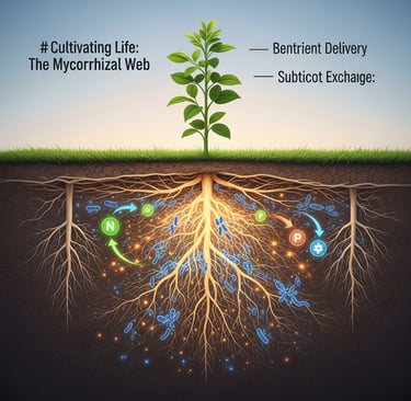 Conceptual illustration of a healthy plant with its root system visible underground. The roots are intertwined with a vibrant