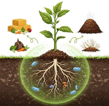 Conceptual illustration for a sustainable agriculture article. Show a central, vibrant, healthy plant with a strong root syst