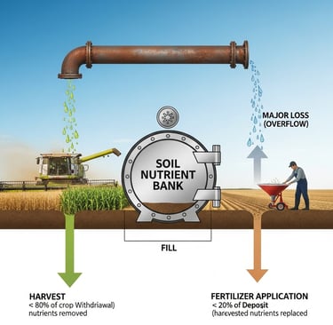 Conceptual infographic showing a 'soil bank' being depleted. On one side, show crops being harvested (withdrawal). On the oth