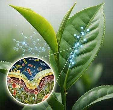 Conceptual illustration of a vibrant tea plant leaf. Show tiny, glowing zinc oxide nanoparticles being absorbed. A magnified 