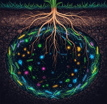 Conceptual illustration of a cross-section of rich, dark soil. Plant roots are visible, extending downwards. The soil is teem