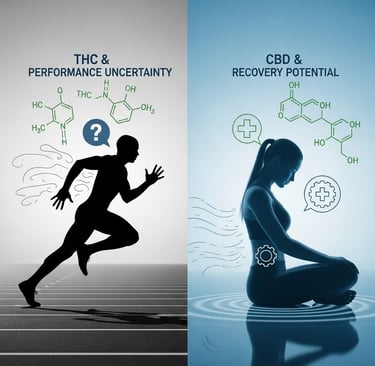 Conceptual illustration about cannabis and sports science. Create a split-image graphic. On the left side, show a silhouette 