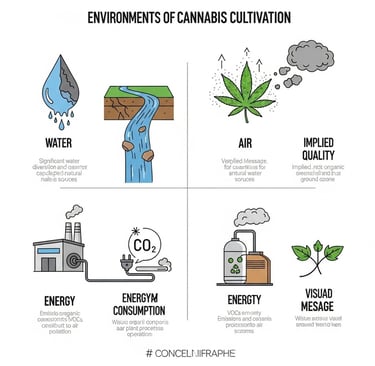 Create a conceptual infographic that visually summarizes the environmental impacts of cannabis cultivation. The image should