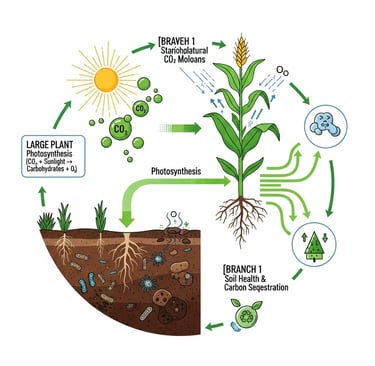 Create a vibrant infographic illustration showing the 'Carbohydrate Flow in Agricultural Ecosystems.' In the center, a styliz