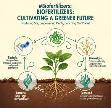 Create a vibrant and hopeful infographic showing the concept of biofertilizers. In the center, show a healthy, thriving crop 