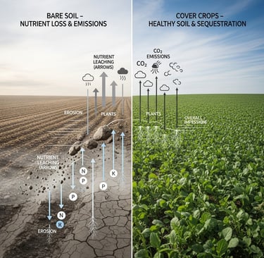 Create a conceptual illustration showing the benefits of cover crops in agriculture. On one side of a split image, depict bar