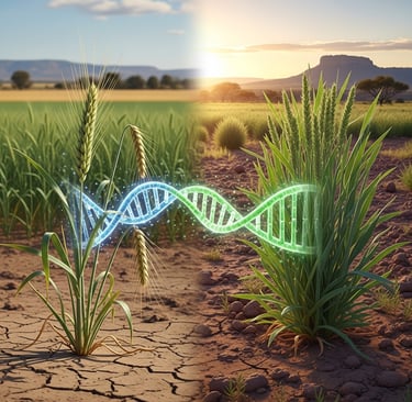 Create a conceptual illustration in a hopeful, scientific style. On the left, show a modern, high-yield wheat plant looking s