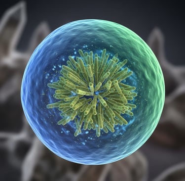 Microscopic view of beneficial soil bacteria being encapsulated in alginate microbeads. Show the bacteria being trapped insid