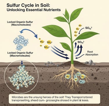 Conceptual illustration of the sulfur cycle in soil, centered on a healthy plant. Show tiny, glowing microbe icons (represent
