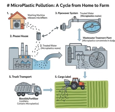 Infographic diagram illustrating the cycle of microplastic pollution from home to farm. Show a house with a washing machine r