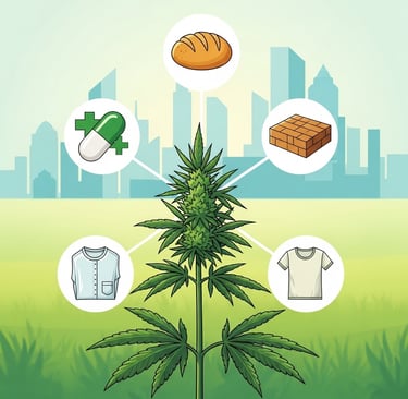 Conceptual illustration showing a single, healthy industrial hemp plant at the center. Radiating outwards from the plant are 
