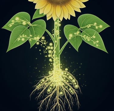 Conceptual illustration of a plant's internal microbiome. Show a translucent, healthy plant with its roots, stem, and leaves 