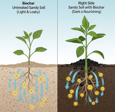 Conceptual illustration showing a cross-section of sandy soil, split down the middle. On the left side, the soil is light-col