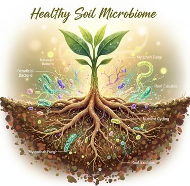 Conceptual illustration of a healthy soil microbiome. In the center, show a vibrant plant with a strong, detailed root system