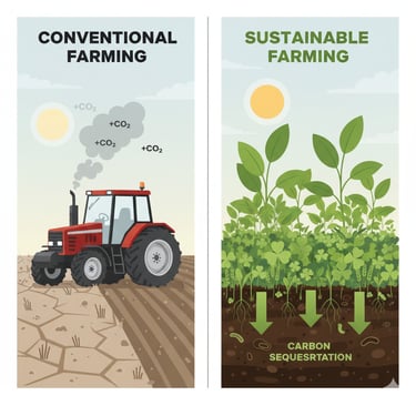 Conceptual illustration showing the contrast between two farming methods. On one side, 'Conventional Farming' with a tractor 