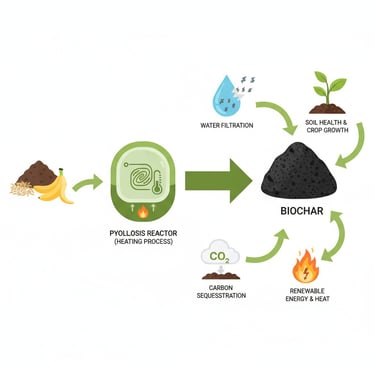 "Create a clean, modern infographic illustrating a circular economy concept. Show agricultural waste (like rice husks, banana