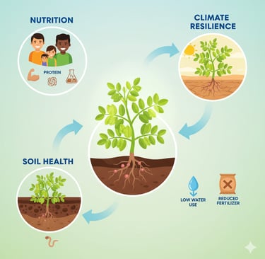 Create a conceptual infographic illustration with three main sections. In the center, show a vibrant, healthy pulse plant (li