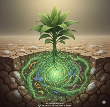 Conceptual illustration of a healthy plant thriving in cracked, slightly salty soil. Show its roots glowing with a network of