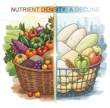 Conceptual illustration showing a stark contrast. On the left, a vibrant, colorful, and nutrient-rich traditional food basket