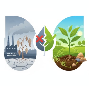 Conceptual illustration of sustainable agriculture: On one side, show a wilting plant in poor soil with a factory producing s
