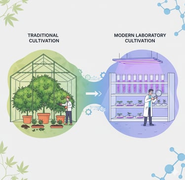 Conceptual illustration of cannabis/hemp cultivation evolution: on one side, a traditional greenhouse with large mother plant