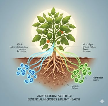Conceptual illustration of agricultural synergy: On one side, show a plant root system interacting with glowing blue icons of