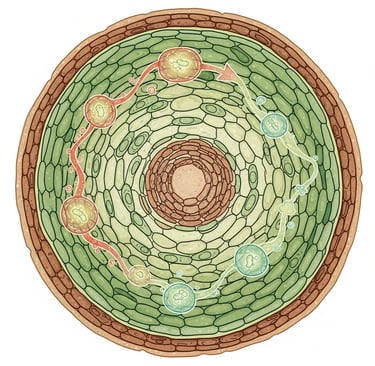 Conceptual illustration: A cross-section of a medicinal plant stem or root. Show tiny, glowing microbe icons (endophytes) liv