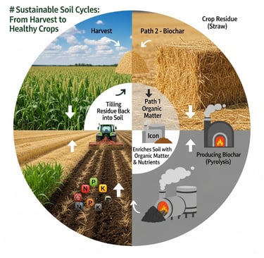 Create an infographic-style illustration with a split-screen or circular flow. On one side, show healthy crops growing, with 