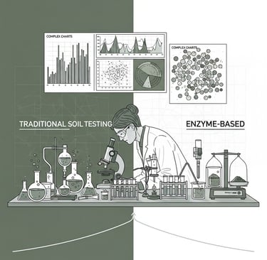 Create a conceptual illustration showing the contrast between traditional soil testing and a new, faster method using enzymes