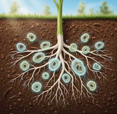 Conceptual illustration of sustainable agriculture. Show a healthy plant root system in soil. The roots are interacting with