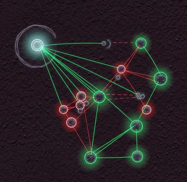 Abstract digital art: A network of interconnected nodes and lines representing a complex soil microbiome. One node, represent