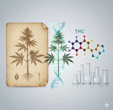 Conceptual illustration depicting the journey of Cannabis sativa research. On the left, show an ancient botanical drawing of 
