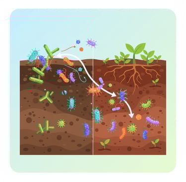 Conceptual illustration of bioremediation: Show a group of diverse, stylized microbes (bacteria) working together as a team w