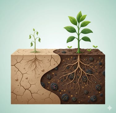 Create a conceptual illustration showing a cross-section of soil. On the left side, depict poor, dry, cracked soil with a sin
