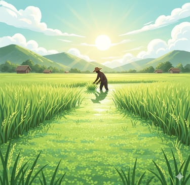 Create a vibrant, hopeful illustration of a lush green rice paddy field. Show a dense, bright green mat of Azolla (a tiny flo
