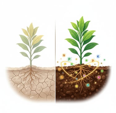Conceptual illustration of sustainable agriculture. Show a healthy, vibrant crop plant growing in rich, dark soil. The plant'