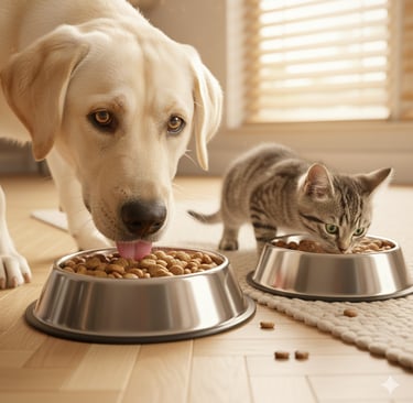 a dog and a cat are eating food out of a bowl