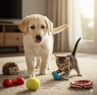a dog and a cat playing with toys