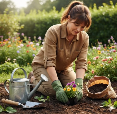 a woman in a garden with gardening tools